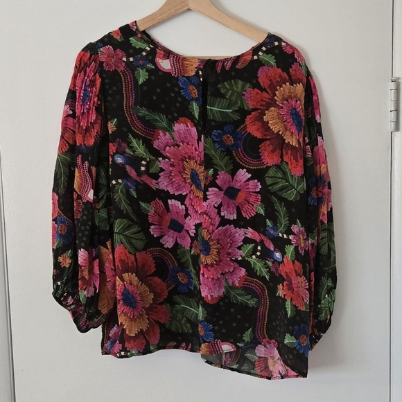 Farm Rio XL tropical print black lace flowy sleeve top - Picture 3 of 9